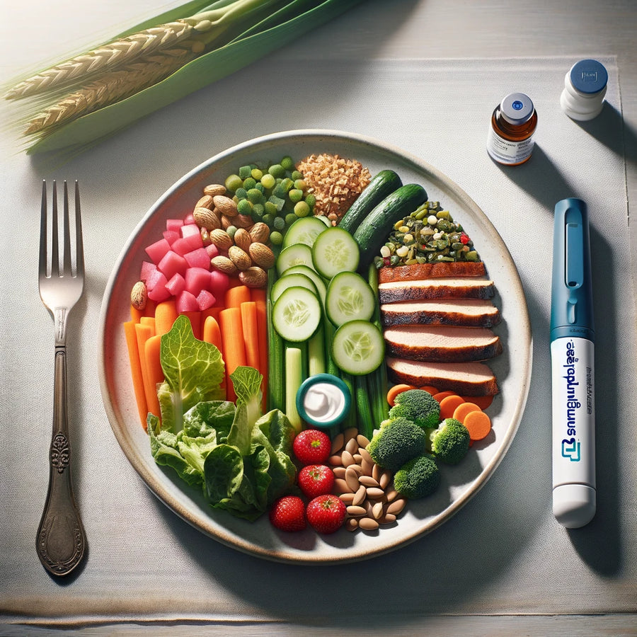 healthy meal with semaglutide injection