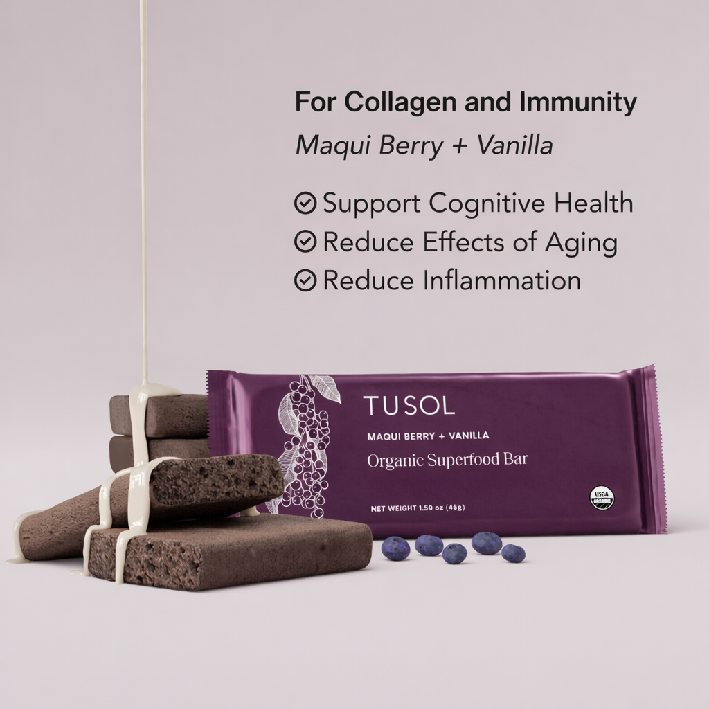 TUSOL Maqui Berry + Vanilla organic superfood bar with packaging on a light gray background