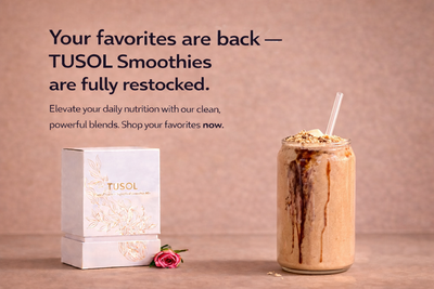 TUSOL smoothie with packaging and text on a brown background
