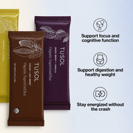 Three TUSOL organic superfood bars in different flavors on a white background with product benefits listed.