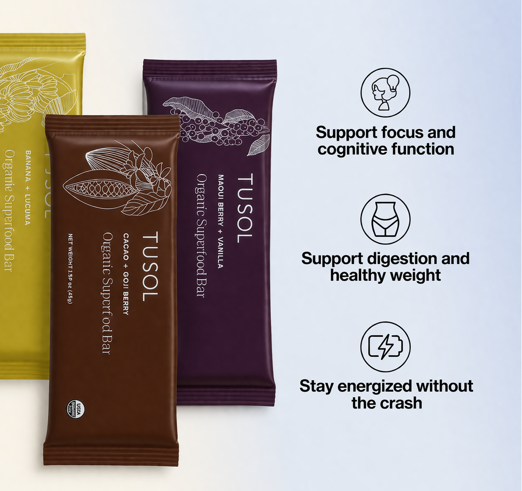 Three TUSOL organic superfood bars in different flavors on a white background with product benefits listed.
